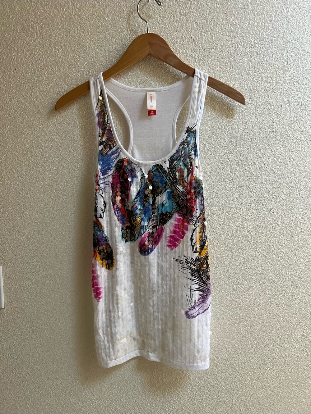 White Feather-Print Tank Top with Multicolor Accents